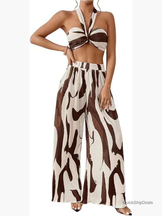 Pants - Wide Leg Pants Set - Two Piece Knitted Crop Top & Pants